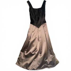 Vintage Velvet Satin Ballgown Dress Black Taupe Square Neck Button Back Gown